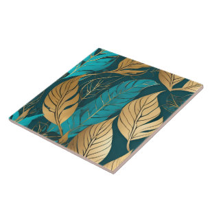 Türkisfarbenes Gold Boho Blätter Moderne Kollektio Fliese