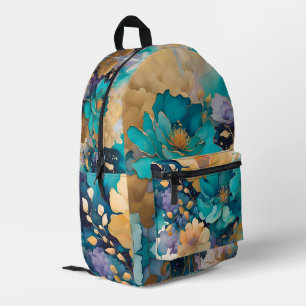 Türkisfarbenes Gold Lila Navy Aquarell Blumen Bedruckter Rucksack