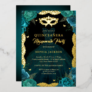Türkisfarbenes Gold Maskenball Party Kleid Quincea Folieneinladung