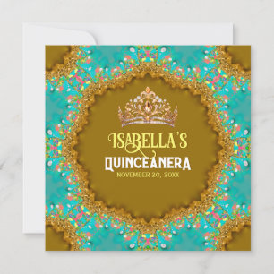 Türkisfarbenes Gold Satin Spitze & Tiara Quinceañe Einladung