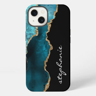 Türkisfarbenes Gold-Wasserfarbe-Achat-Personalisie iPhone 13 Hülle