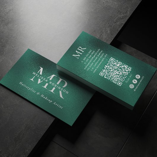 Türkisfarbenes grünes Folien-Monogramm QR-Code & S Visitenkarte