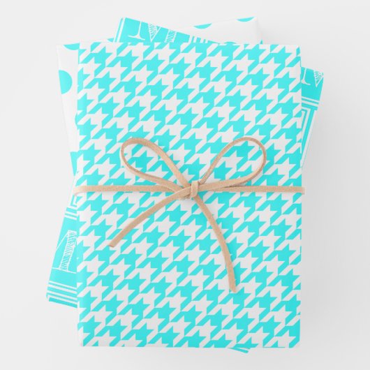 Türkisfarbenes Hahnentrittmuster Monogram Polka Do Geschenkpapier Set (Beispiel)