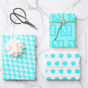 Türkisfarbenes Hahnentrittmuster Monogram Polka Do Geschenkpapier Set