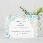 türkisfarbenes Hochzeitsgold am Meer Einladung (Stehend Vorderseite)