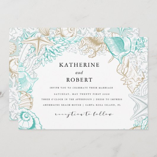 türkisfarbenes Hochzeitsgold am Meer Einladung (Vorne/Hinten)