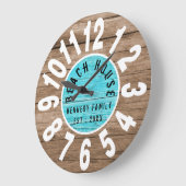 Türkisfarbenes Holz Brown Beach House Weiße große Große Wanduhr (Winkel)