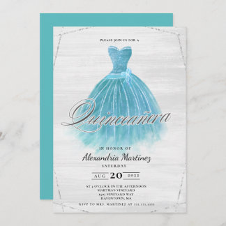 Türkisfarbenes Holzkleid Glitzer Quinceañera Einladung