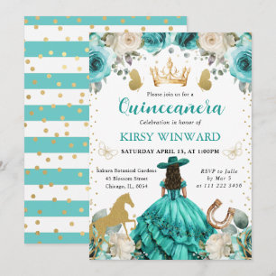 Türkisfarbenes Kleid Brünette Prinzessin Quinceane Einladung