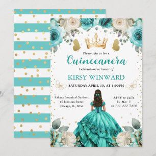 Türkisfarbenes Kleid Brünette Prinzessin Quinceane Einladung
