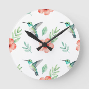 Türkisfarbenes Kolibri-Hibiskus-Muster Runde Wanduhr