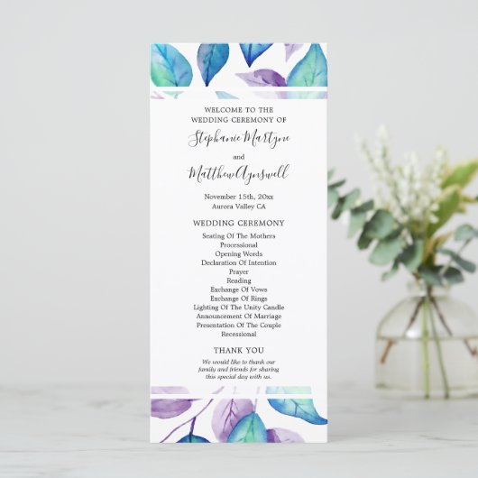Türkisfarbenes Lila Wasserfarbenleder Hochzeitsfei Programm (Stehend Vorderseite)
