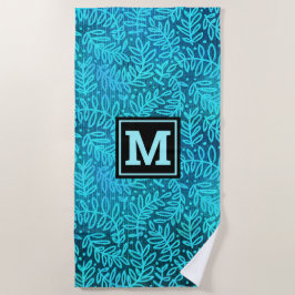 Türkisfarbenes Ombre-Monogramm-Blattmuster, modern Strandtuch