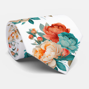 Türkisfarbenes Orangefarbenes Blumenmuster Krawatte