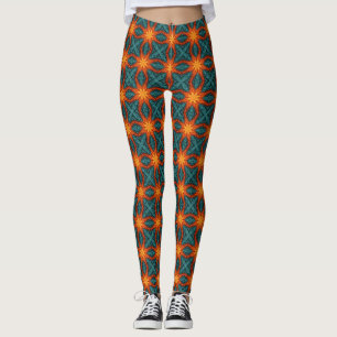 Türkisfarbenes oranges retro-geometrisches Blumenm Leggings