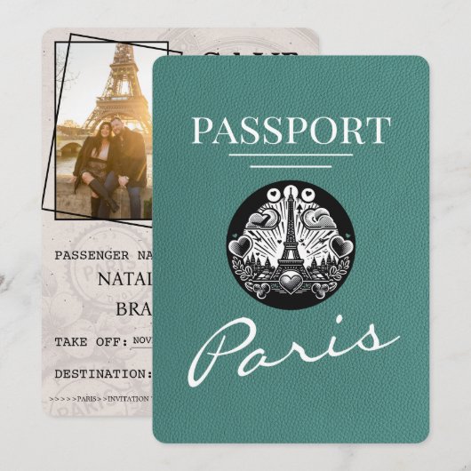 Türkisfarbenes Paris Reisepass Save The Date (Vorne/Hinten)
