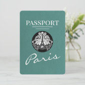 Türkisfarbenes Paris Reisepass Save The Date (Stehend Vorderseite)