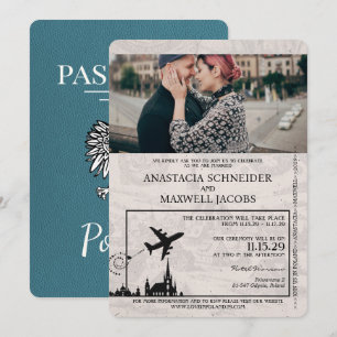 Türkisfarbenes polnische Reisepass-Hochzeitseinlad Einladung