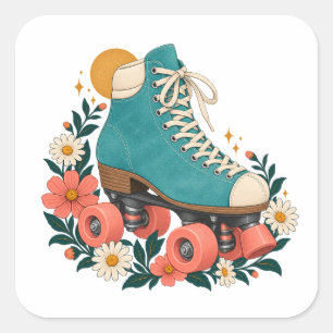 Türkisfarbenes Rollschuh und Gänseblümchen Quadrat Quadratischer Aufkleber