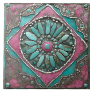 Türkisfarbenes & Rosa Boho-Mosaik-Mandala-Kunstwer Fliese