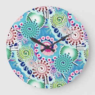 Türkisfarbenes, rosa, mehrfarbiges Fraktal Große Wanduhr