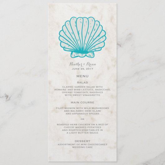 Türkisfarbenes Rustikales Seashell Wedding Menu Menükarte (Vorderseite)
