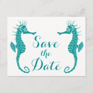 Türkisfarbenes Save The Date Seepferdchen Verlobun Postkarte