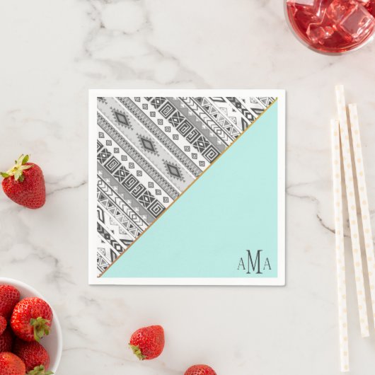 Türkisfarbenes Schwarz-weißes Aztec Tribal Monogra Serviette (Beispiel)