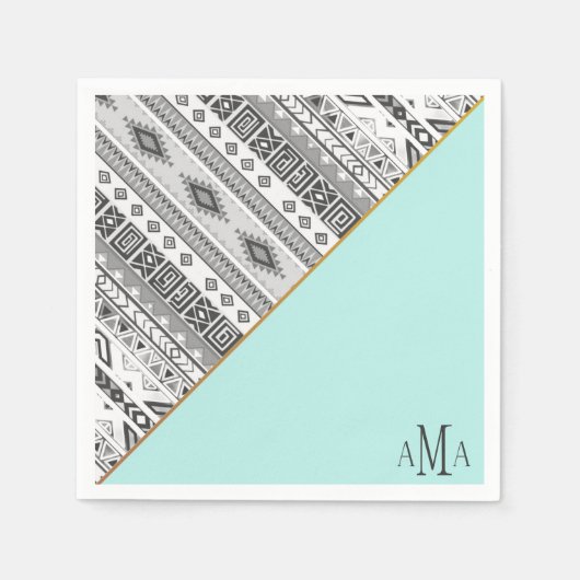 Türkisfarbenes Schwarz-weißes Aztec Tribal Monogra Serviette (Vorderseite)