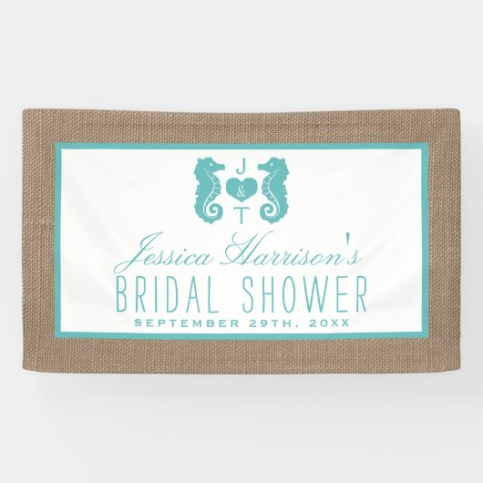 Türkisfarbenes Seepferd Beach Burlap Brautparty Banner (Horizontal)