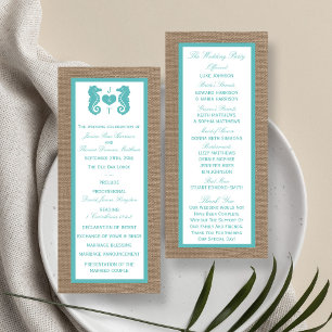 Türkisfarbenes Seepferd Burlap Beach Hochzeitsprog Werbekarte