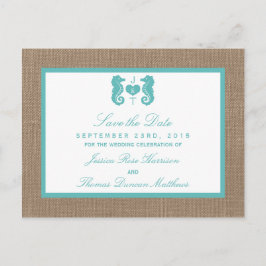 Türkisfarbenes Seepferd Burlap Beach Wedding Colle Ankündigungspostkarte
