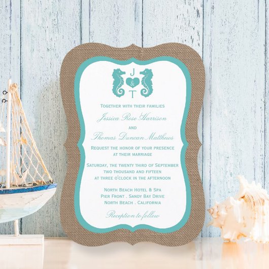 Türkisfarbenes Seepferd Burlap Beach Wedding Colle Einladung