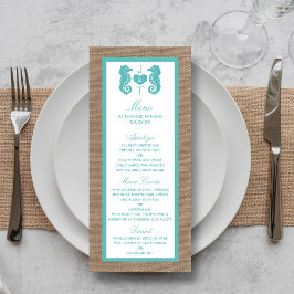 Türkisfarbenes Seepferd Burlap Beach Wedding Colle Menükarte