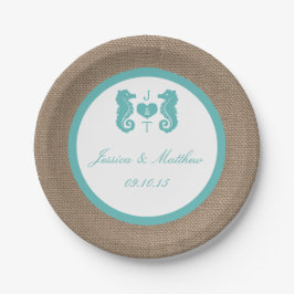 Türkisfarbenes Seepferd Burlap Beach Wedding Colle Pappteller