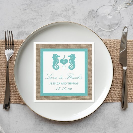 Türkisfarbenes Seepferd Burlap Beach Wedding Colle Serviette