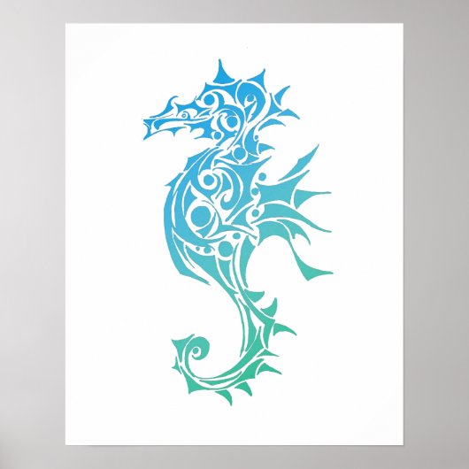 Türkisfarbenes Seepferd Tribal Tattoo Poster Print (Vorne)