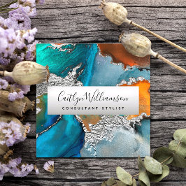 Türkisfarbenes Silver-Marmor-Stylist Quadratische Visitenkarte