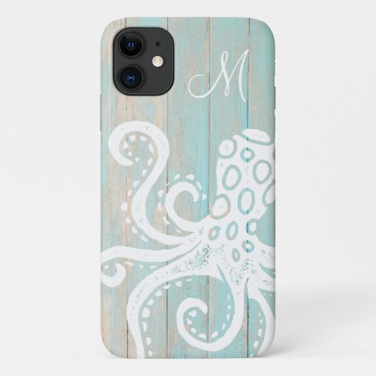 Türkisfarbenes Strandholz-Oktopus-Monogramm Case-Mate iPhone Hülle (Rückseite)