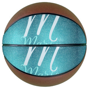 Türkisfarbenes Teal-Achat-Aqua-Monogramm Buchstabe Basketball