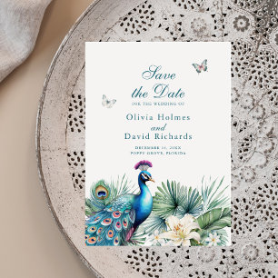 Türkisfarbenes Tropisches Pfau-Hochzeits-Save-the- Save The Date