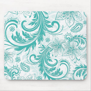 Türkisfarbenes und weißes Retro-Blumen- und Schwir Mousepad
