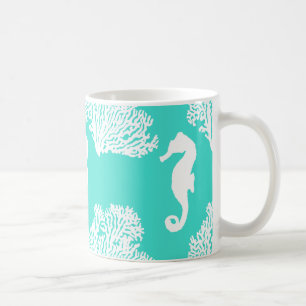 Türkisfarbenes und weißes Seepferd Küstenmuster Kaffeetasse