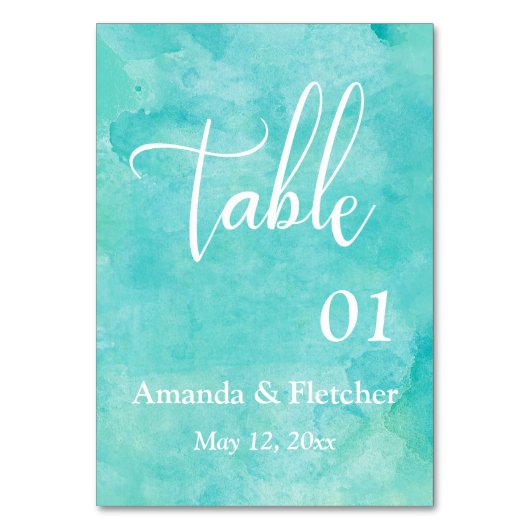 Türkisfarbenes Wasser Elegante Hochzeitsstimmung T Tischnummer (Rückseite)