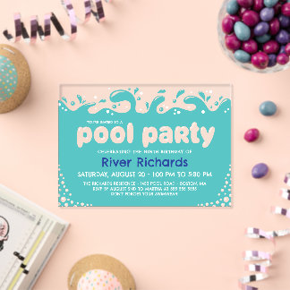 Türkisfarbenes Wasserspritzen Kindergeburtstag Poo Acryleinladungen
