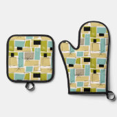 Türkisgelbe Quadrate Sternexplosion Mitte Jahrhund Ofenhandschuh & Topflappen-Set (Vorderseite)