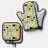 Türkisgelbe Quadrate Sternexplosion Mitte Jahrhund Ofenhandschuh & Topflappen-Set (Vorderseite/Rückseite)