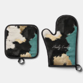 Türkisgoldfarben, Schwarz-weiße Cowhid Ofenhandschuh & Topflappen-Set (Vorderseite)
