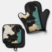 Türkisgoldfarben, Schwarz-weiße Cowhid Ofenhandschuh & Topflappen-Set (Vorderseite/Rückseite)