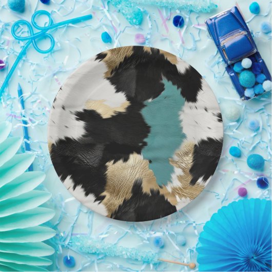 Türkisgoldfarben, Schwarz-weiße Cowhid Pappteller (Party)
